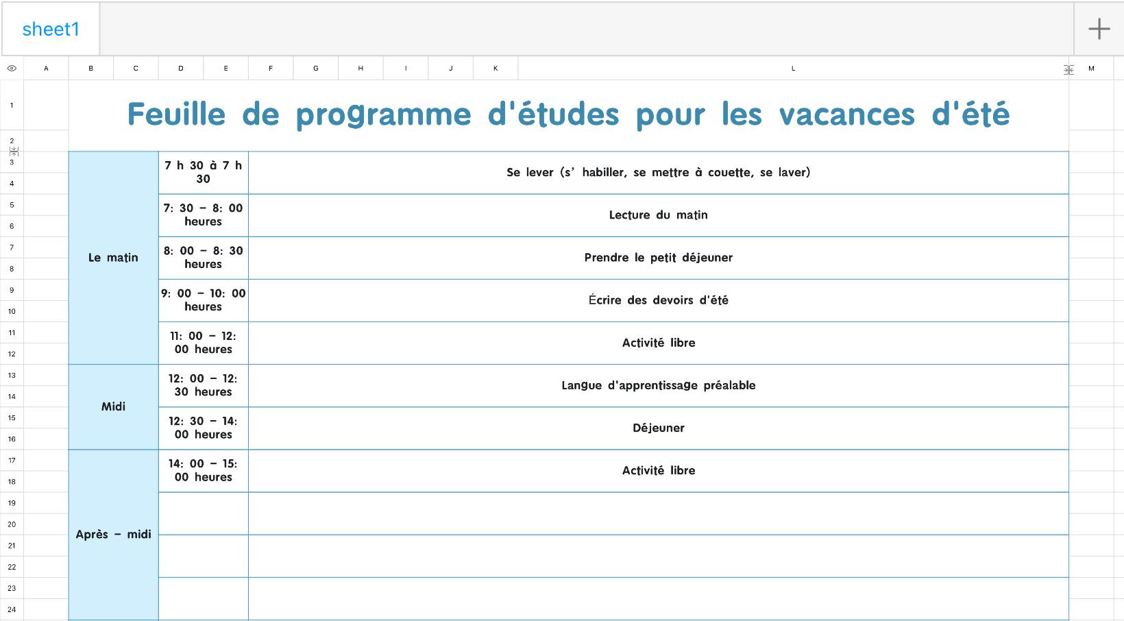 Programme d'études pour les vacances d'été tableau 1